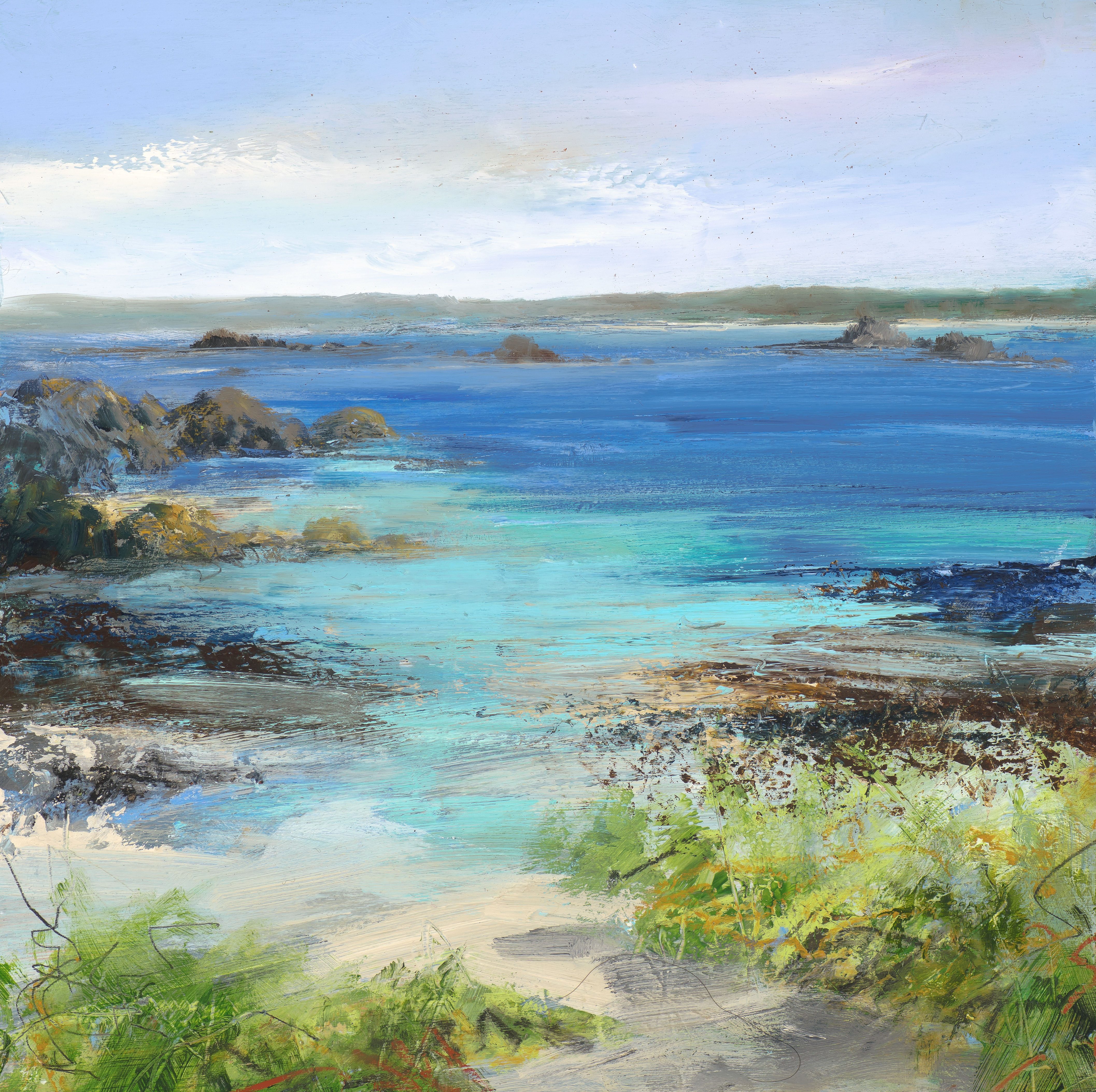 Amanda Hoskin A Turquoise and Colbalt Blue Tide Tresco ÔÇªoil on board ÔÇª30 x 30 cm ÔÇª ú795 00